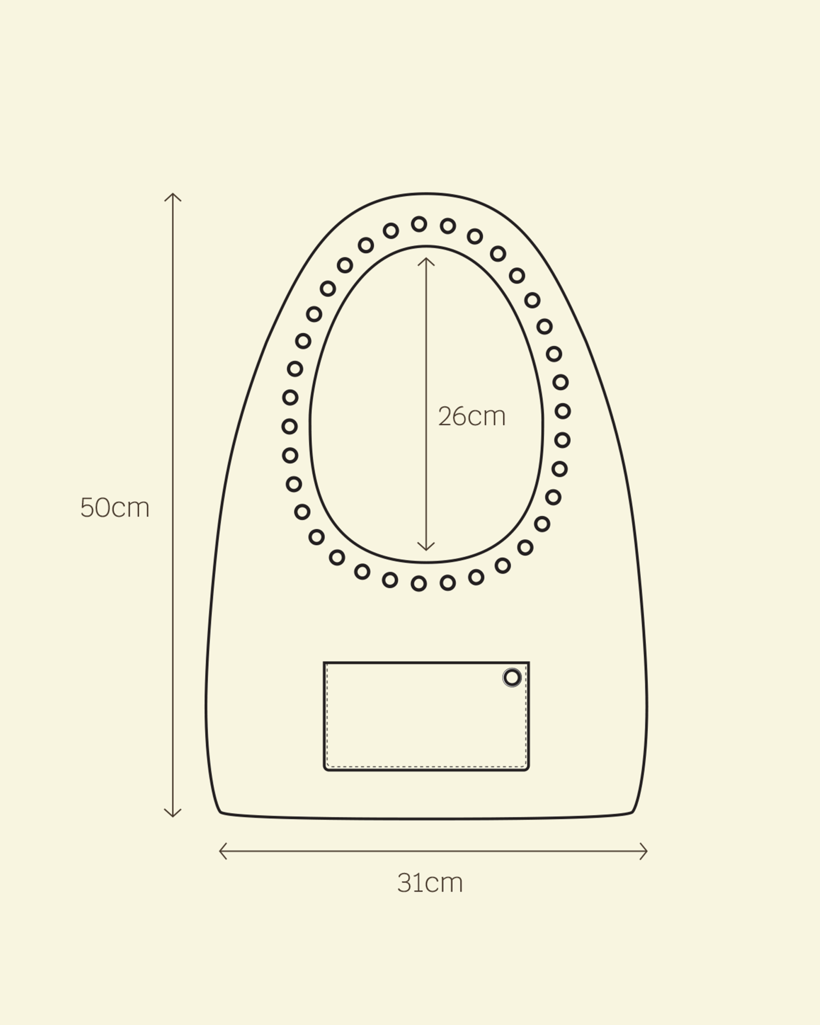 Measurement chart of a product with dimensions on a beige background